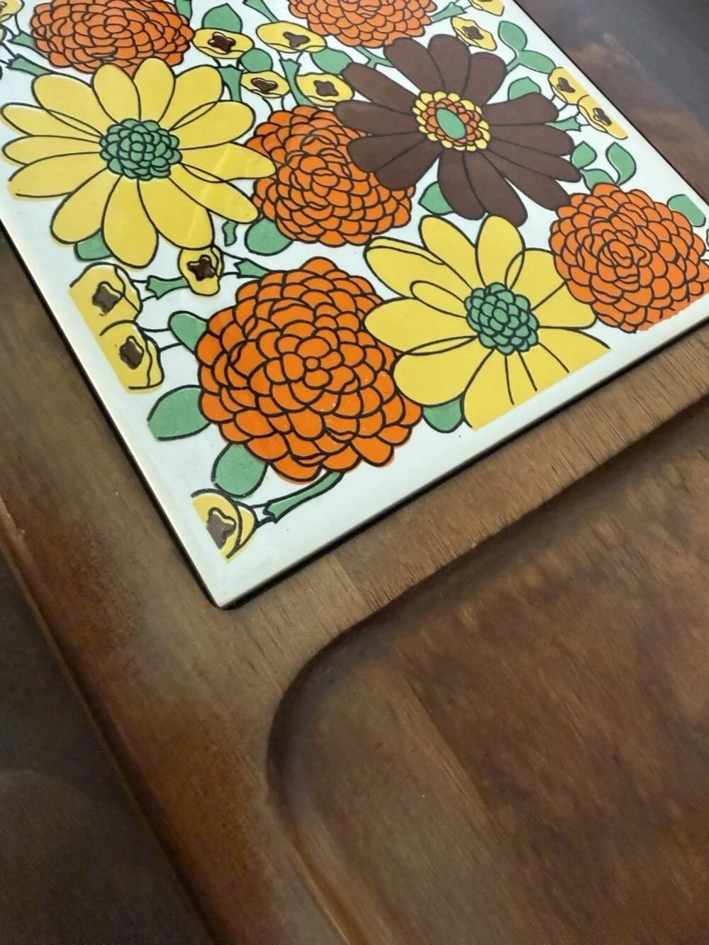 Vintage Gail Craft Wooden Cheese Board  Floral Center Trivet and Knife 1970's